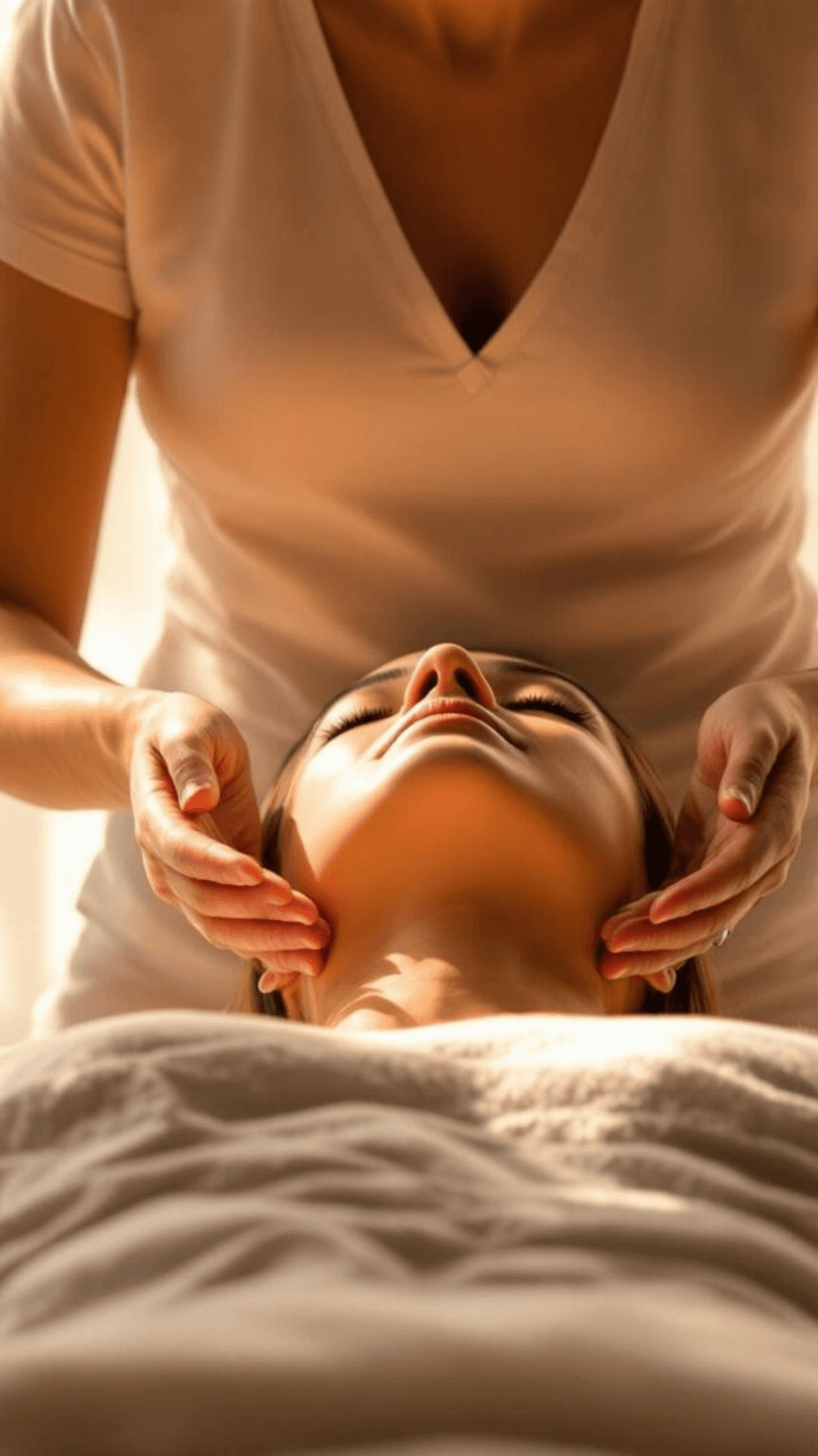 A woman receives a relaxing energy healing in a serene setting with soft lighting.